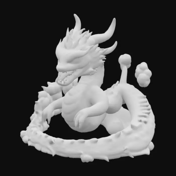 3D model for A mythical Eastern dragon with a long, serpentine body covered in deep teal-green matte scales that possess a subtly reflective, reptilian texture. Its underbelly is smooth and a contrasting light peach color. The dragon has a large head with piercing red eyes, an open mouth revealing sharp teeth and a red tongue, and a wild, spiky mane of teal hair. Four clawed limbs with sharp, white talons grip its coiled body, which is partially enveloped by swirling, volumetric light blue-grey clouds with soft, organic textures. Green fin-like structures protrude along its back and tail.