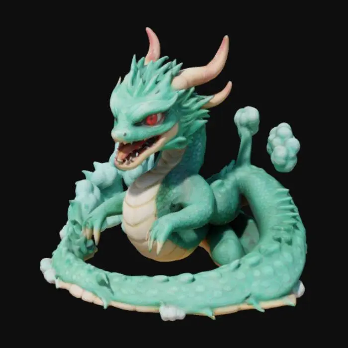 3D model for A mythical Eastern dragon with a long, serpentine body covered in deep teal-green matte scales that possess a subtly reflective, reptilian texture. Its underbelly is smooth and a contrasting light peach color. The dragon has a large head with piercing red eyes, an open mouth revealing sharp teeth and a red tongue, and a wild, spiky mane of teal hair. Four clawed limbs with sharp, white talons grip its coiled body, which is partially enveloped by swirling, volumetric light blue-grey clouds with soft, organic textures. Green fin-like structures protrude along its back and tail.