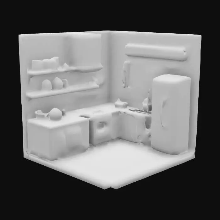 3D model for A rusty cozy kitchen scene made with crochet, designed in a hand-painted 3D style. Shelves line the walls, filled with crocheted jars, spices, and utensils. A crocheted stove with yarn-like flames adds warmth to the room. The floor is covered with fabric-like rugs, and hanging tools add charm. Warm lighting casts soft shadows, creating a welcoming atmosphere. Bright colors and sharp details highlight the cozy, rustic feel, with a high-quality 3D effect throughout. 