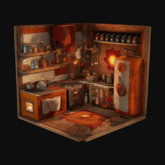 3D model for A rusty cozy kitchen scene made with crochet, designed in a hand-painted 3D style. Shelves line the walls, filled with crocheted jars, spices, and utensils. A crocheted stove with yarn-like flames adds warmth to the room. The floor is covered with fabric-like rugs, and hanging tools add charm. Warm lighting casts soft shadows, creating a welcoming atmosphere. Bright colors and sharp details highlight the cozy, rustic feel, with a high-quality 3D effect throughout. 
