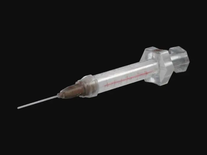 3D model for Create a 3D model of a low-resolution syringe without a needle, with a slightly scratched and aged plastic body. The measurement markings should be faded and barely readable. The plunger should look slightly used, with subtle wear and dirt marks. The texture should be pixelated and fit a low-resolution horror game aesthetic.