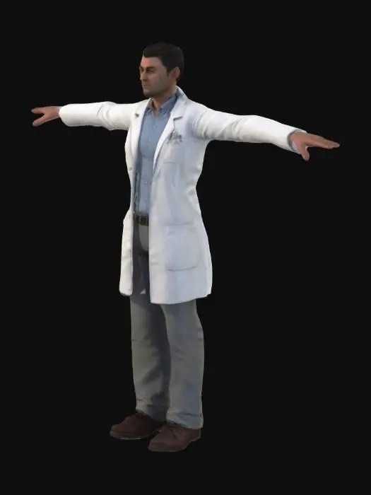 3D model for A realistic 3D model of a pharmacist in a T-pose. The character has natural human proportions, wearing a white lab coat over a button-up shirt and dark pants. The pharmacist has neatly combed hair and a calm expression. The shoes are professional-looking work shoes. The textures are slightly low-resolution to fit a horror game aesthetic. The model is optimized for game engines with clean topology and realistic materials.
