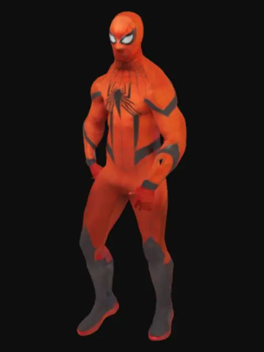 3D model for 1boy, solo, male focus, superhero, orange background, bodysuit, full body, spider web print, red bodysuit, standing, mask, simple background, looking at viewer