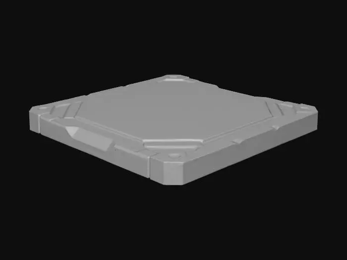 3D model for A 1x1m modular sci-fi floor tile, crafted from cold neutral metals like steel gray and graphite. Its industrial surface features subtle edge scratches, dirt in crevices, and faded paint, giving it a weathered yet functional appearance. Recessed panels host softly glowing cyan emissive strips, adding a futuristic accent. The metallic texture suggests a rough, durable tactile quality.