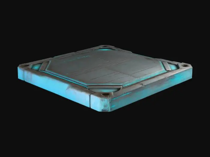3D model for A 1x1m modular sci-fi floor tile, crafted from cold neutral metals like steel gray and graphite. Its industrial surface features subtle edge scratches, dirt in crevices, and faded paint, giving it a weathered yet functional appearance. Recessed panels host softly glowing cyan emissive strips, adding a futuristic accent. The metallic texture suggests a rough, durable tactile quality.