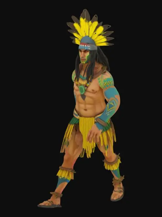 3D model for Create a character, indigenous, he is a warrior, he is approximately 25 years old, he is facing forward, he will be a character model for a 2D game, make him in pixel art, and use a color palette, yellow, blue and green.
