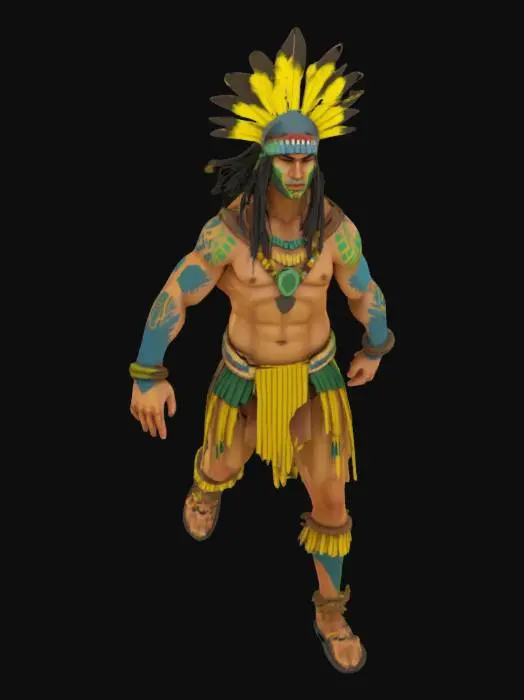 3D model for Create a character, indigenous, he is a warrior, he is approximately 25 years old, he is facing forward, he will be a character model for a 2D game, make him in pixel art, and use a color palette, yellow, blue and green.
