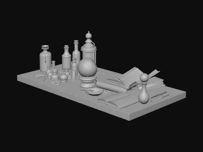 3D model for A enchanter workbench with alchemical components and magic spellbooks lineds on a skinny bookcase haphazardly shaped in the center of the table