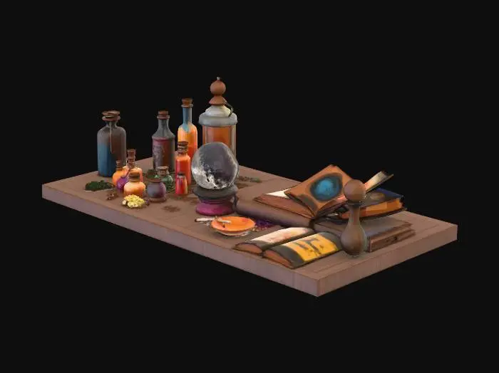 3D model for A enchanter workbench with alchemical components and magic spellbooks lineds on a skinny bookcase haphazardly shaped in the center of the table