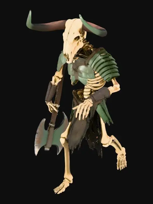 3D model for a large skeletal minotaur, a hulking walking skeleton with armor and an axe. with a bare bull skull for a head