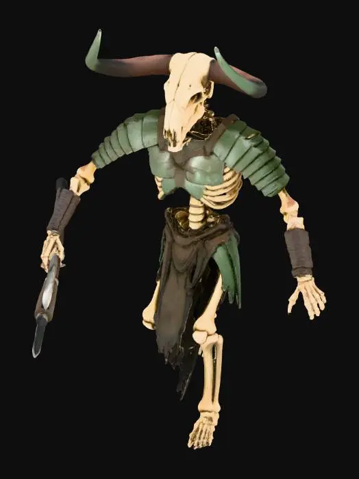 3D model for a large skeletal minotaur, a hulking walking skeleton with armor and an axe. with a bare bull skull for a head