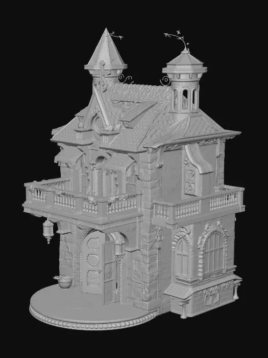 3D model for A guild hall with a large double door that is open, a second story that has a wrap around deck, and a thirds story that rises haphazardly to a peak, it is in the style of fantasy with a steampunk edge and a magick guild with stone walls