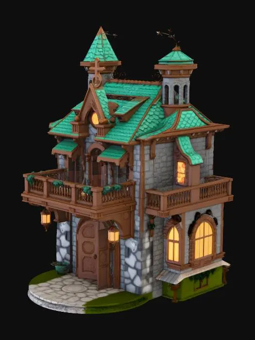 3D model for A guild hall with a large double door that is open, a second story that has a wrap around deck, and a thirds story that rises haphazardly to a peak, it is in the style of fantasy with a steampunk edge and a magick guild with stone walls