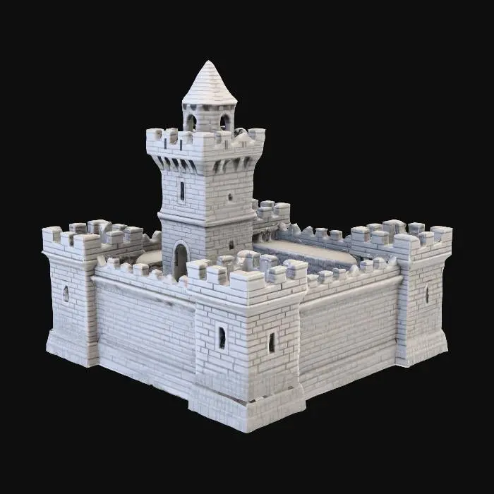 3D model for large square castle with pamparts and a tower in the style of Dnd and a central courtyard. it is two story with the tower being 3 story. for 3d printing w