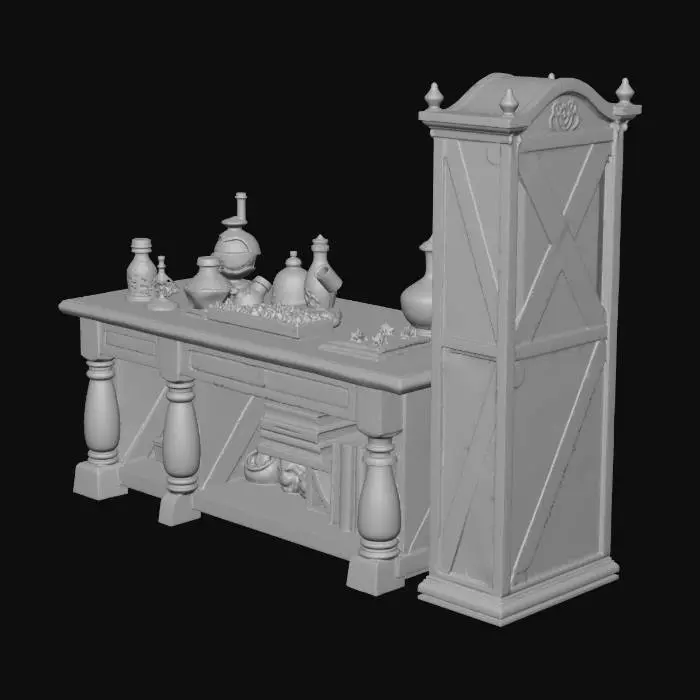 3D model for A enchanter workbench with alchemical components and magic spellbooks lineds on a skinny bookcase haphazardly shaped in the center of the table
