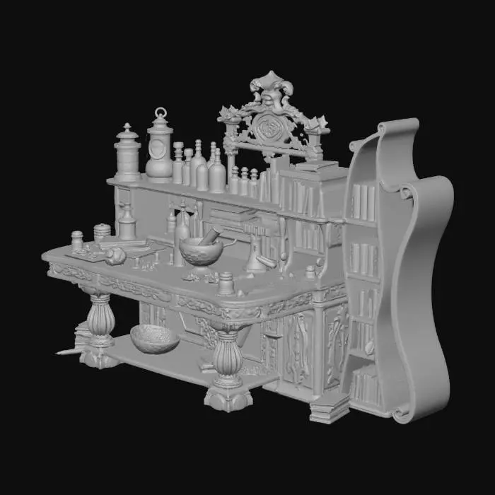 3D model for A enchanter workbench with alchemical components and magic spellbooks lineds on a skinny bookcase haphazardly shaped in the center of the table