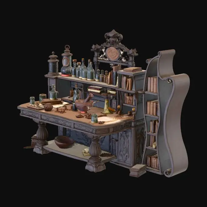 3D model for A enchanter workbench with alchemical components and magic spellbooks lineds on a skinny bookcase haphazardly shaped in the center of the table