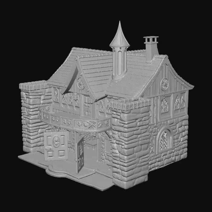 3D model for A guild hall with a large double door that is open, a second story that has a wrap around deck, and a thirds story that rises haphazardly to a peak, it is in the style of fantasy with a steampunk edge and a magick guild with stone walls