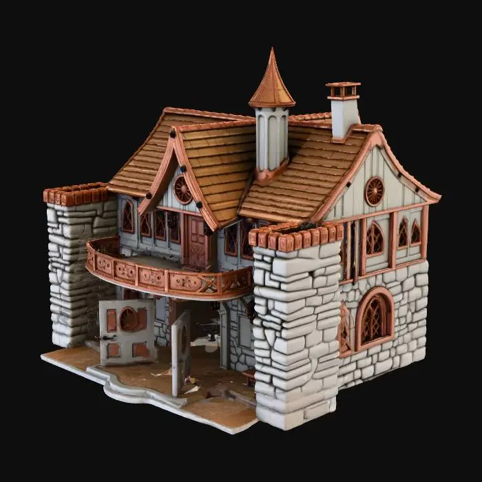 3D model for A guild hall with a large double door that is open, a second story that has a wrap around deck, and a thirds story that rises haphazardly to a peak, it is in the style of fantasy with a steampunk edge and a magick guild with stone walls