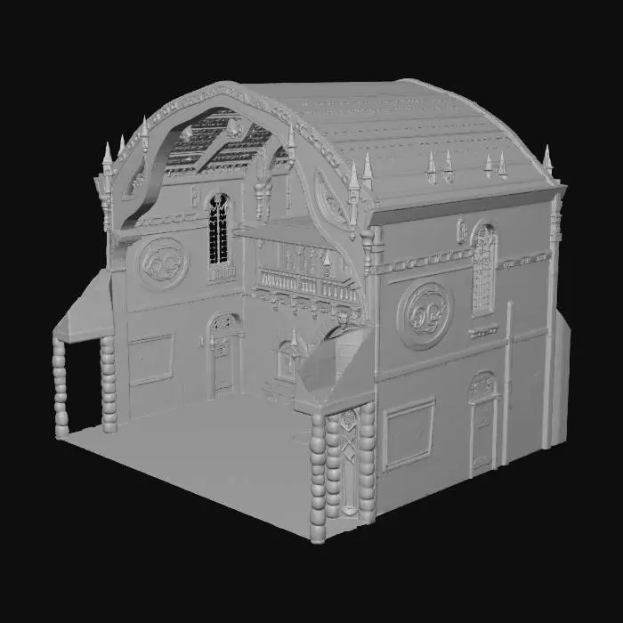3D model for A guild hall with a large double door that is open, a second story that has a wrap around deck, and a thirds story that rises haphazardly to a peak, it is in the style of fantasy with a steampunk edge and a magick guild with stone walls and and runes carved into plaques with stained glass windows