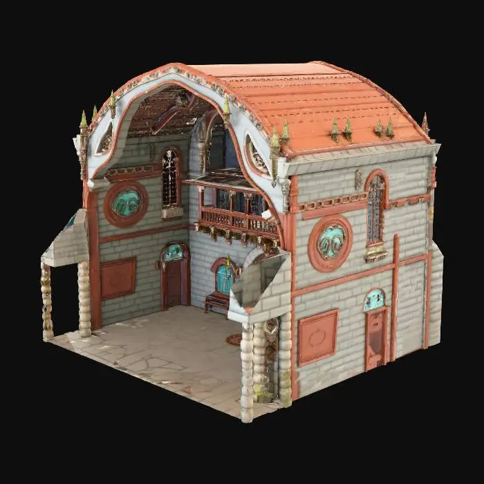 3D model for A guild hall with a large double door that is open, a second story that has a wrap around deck, and a thirds story that rises haphazardly to a peak, it is in the style of fantasy with a steampunk edge and a magick guild with stone walls and and runes carved into plaques with stained glass windows