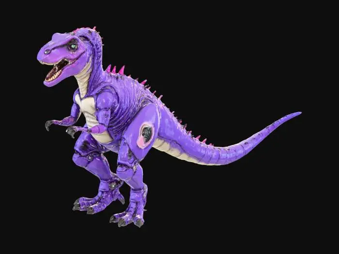 3D model for tiranosaurio rex biomecánico con colores morados y con pantalones de licra