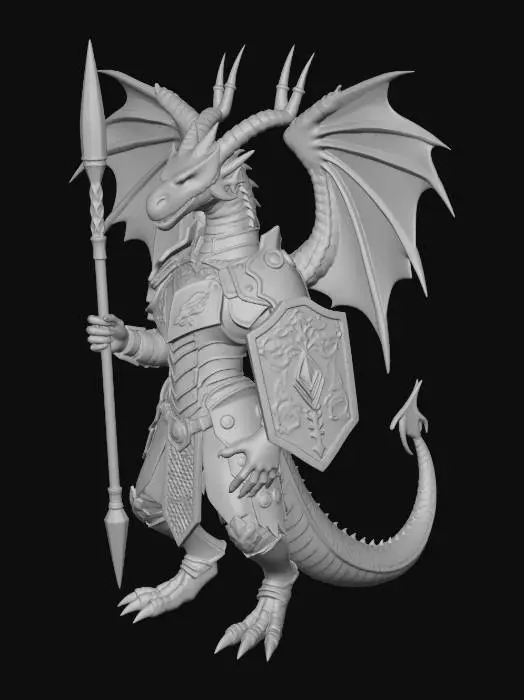 3D model for quiero un dragón humanoide ciberpunk, vestido con una armadura medieval, sujetando una lanza de energía en su mano derecha y sujetando un escudo rectangular en su mano izquierda, que posea dos alas gigantes de dragón que salen de su espalda, y una cola bífida. todo con un estilo realista.