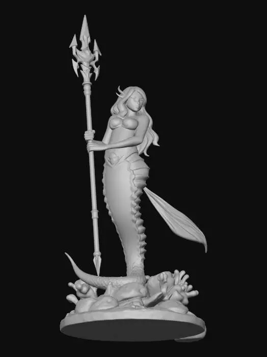 3D model for una sirena con armadura metálica en la cola con un sostén holográfico, y sujetando una lanza de combate, con una base de estilo coral y rocas