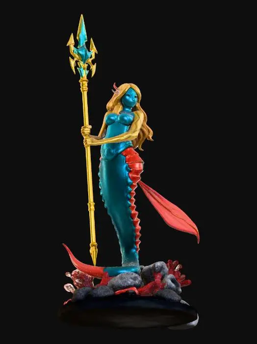 3D model for una sirena con armadura metálica en la cola con un sostén holográfico, y sujetando una lanza de combate, con una base de estilo coral y rocas