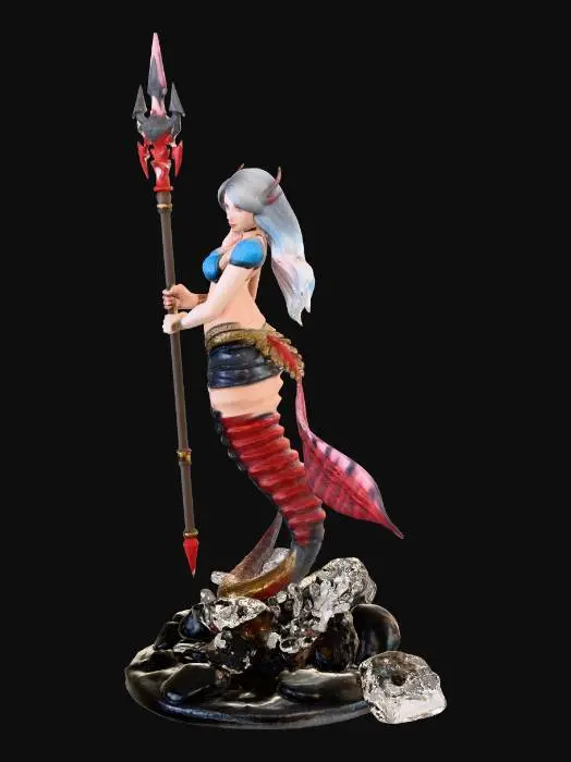 3D model for una sirena con armadura metálica en la cola con un sostén holográfico, y sujetando una lanza de combate, con una base de estilo coral y rocas