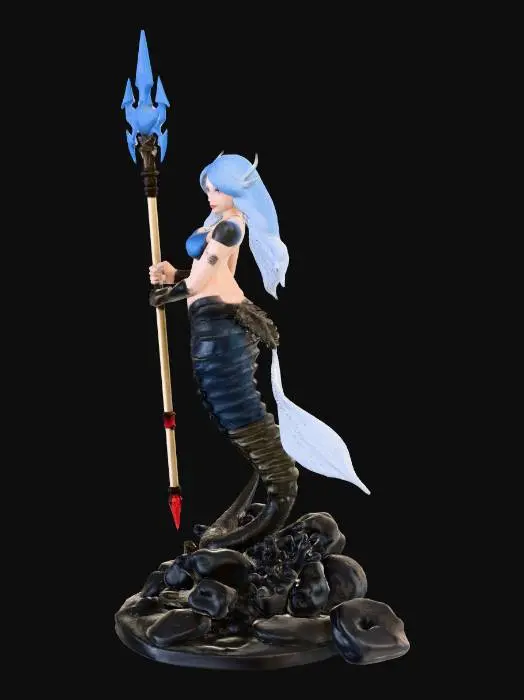 3D model for una sirena con armadura metálica en la cola con un sostén holográfico, y sujetando una lanza de combate, con una base de estilo coral y rocas