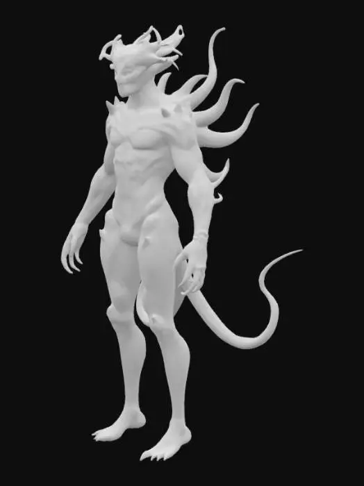 3D model for Voidborn creature with shifting metallic skin, no face, hovering with distorted gravity around it, deep space background, dark mood