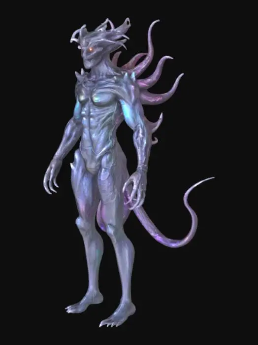 3D model for Voidborn creature with shifting metallic skin, no face, hovering with distorted gravity around it, deep space background, dark mood