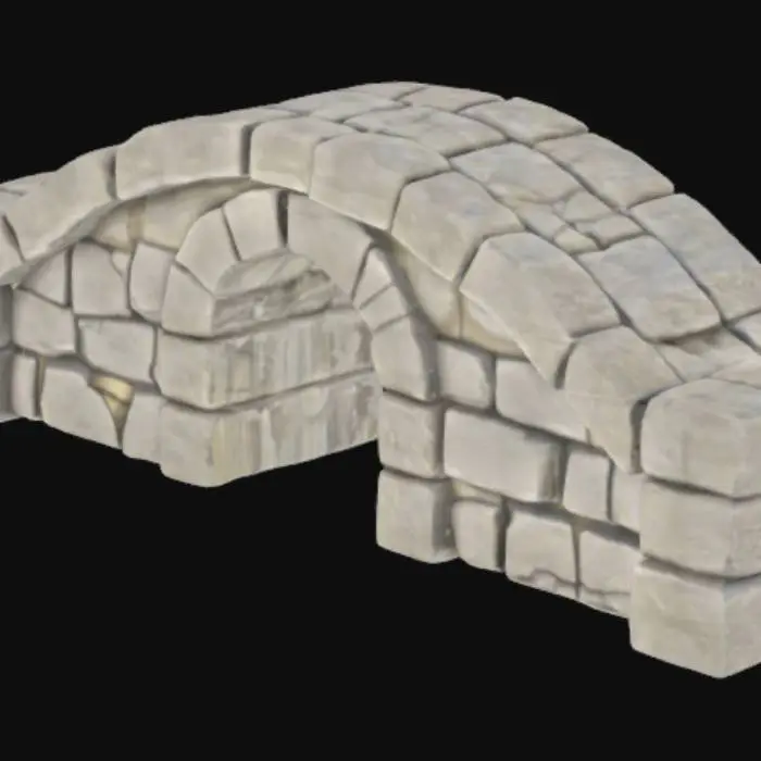 3D model for A short but wide stone bridge made of ancient, weathered blocks. The bridge is slightly arched or flat, designed to span a small gap, with enough width for multiple characters or objects to cross comfortably. The stone surface is cracked and worn, with chiseled edges and layered slabs forming the deck. Support comes from simple blocky columns or arches beneath, in a style fitting ancient jungle or Mayan ruins. No vegetation, terrain, or decorative elements — just the structural stone bridge.