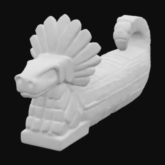 3D model for A stone sculpture of a feathered serpent in ancient Aztec style. The serpent is coiled or stretched along a horizontal arc, with stylized angular feathers carved along its body and head. The stone appears old and weathered, with visible surface cracks, chipped edges, and a rough, worn texture. The design is bold and geometric, with ceremonial detailing and a powerful, sacred presence. The head features wide eyes and a flat snout, inspired by Quetzalcoatl imagery. No color, just aged stone. Fits within a Mesoamerican jungle ruin or temple environment.