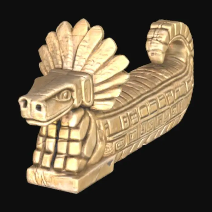 3D model for A stone sculpture of a feathered serpent in ancient Aztec style. The serpent is coiled or stretched along a horizontal arc, with stylized angular feathers carved along its body and head. The stone appears old and weathered, with visible surface cracks, chipped edges, and a rough, worn texture. The design is bold and geometric, with ceremonial detailing and a powerful, sacred presence. The head features wide eyes and a flat snout, inspired by Quetzalcoatl imagery. No color, just aged stone. Fits within a Mesoamerican jungle ruin or temple environment.