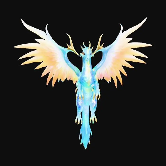 3D model for An ethereal creature, a fusion of dragon and phoenix, possesses a sleek, serpentine body with iridescent scales that shimmer with divine colors, shifting through opalescent whites, golds, and deep cerulean blues. Its majestic wings, vast and feathered, unfurl with an angelic grace, feeling like soft light. Horns like polished crystal crown its noble head, while a long, flowing tail, tipped with vibrant plumage, trails behind it, imbued with a soft, radiant glow.