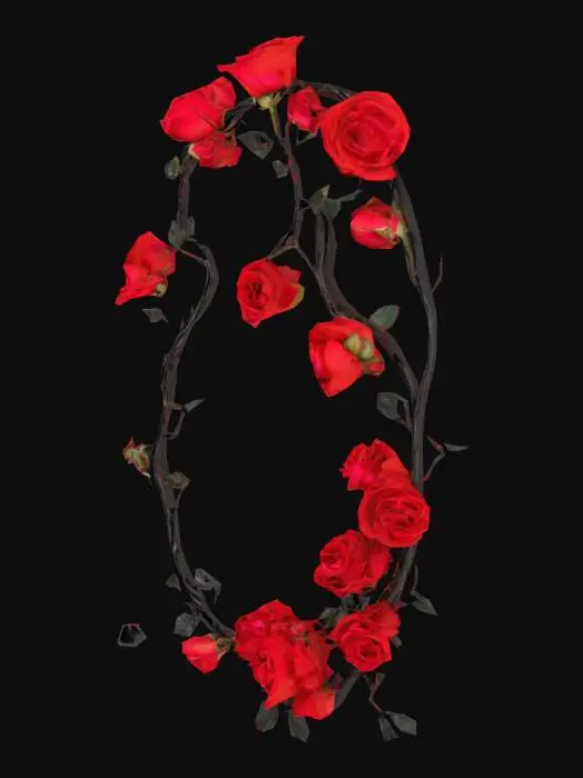 3D model for Thorny red roses connected by black vines that drape naturally, forming a window like formation with empty space in the middle of the window