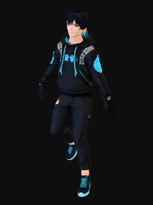 3D model for Full-body 3D model of a young Japanese anime-style male character. He has messy black hair with blue highlights. He is wearing a modern techwear hoodie with glowing blue circuitry patterns, dark cargo pants, black fingerless gloves, and black sneakers with a digital blue glow trim. He has a small mechanical backpack with floating holographic screens, a power button pendant, and a wrist gadget. He has a confident, kind, and curious expression. The style should be clean, cel-shaded anime 3D with pastel tones and a soft, sunlit ambiance. Neutral pose, standing straight, suitable for 3D modeling.
