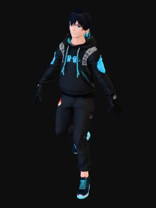 3D model for Full-body 3D model of a young Japanese anime-style male character. He has messy black hair with blue highlights. He is wearing a modern techwear hoodie with glowing blue circuitry patterns, dark cargo pants, black fingerless gloves, and black sneakers with a digital blue glow trim. He has a small mechanical backpack with floating holographic screens, a power button pendant, and a wrist gadget. He has a confident, kind, and curious expression. The style should be clean, cel-shaded anime 3D with pastel tones and a soft, sunlit ambiance. Neutral pose, standing straight, suitable for 3D modeling.