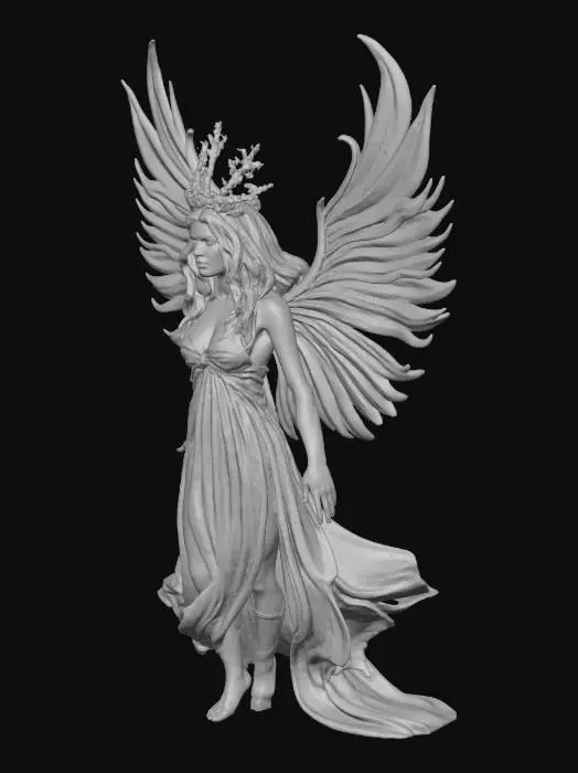 3D model for Highly Detailed fire sprite with giant wings and long hair. Wearing a crown of vines