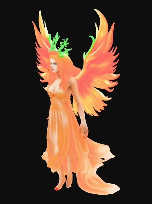 3D model for Highly Detailed fire sprite with giant wings and long hair. Wearing a crown of vines
