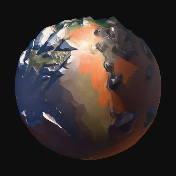3D model for Create a large-scale low-poly planet based on the uploaded reference image.
The planet should be significantly larger than a typical game prop and designed as a playable environment, not an illustration.

Style: clean low-poly, flat colors, sharp geometry, no painterly or drawn textures.

Lighting: neutral, realistic game-engine lighting, no baked illustration shadows.

Scale: planet-sized environment suitable for zooming in from space view to surface regions.

Detail: medium detail overall, optimized geometry, suitable for real-time rendering.

The planet should feel solid and spatial, not cartoonish or hand-drawn.