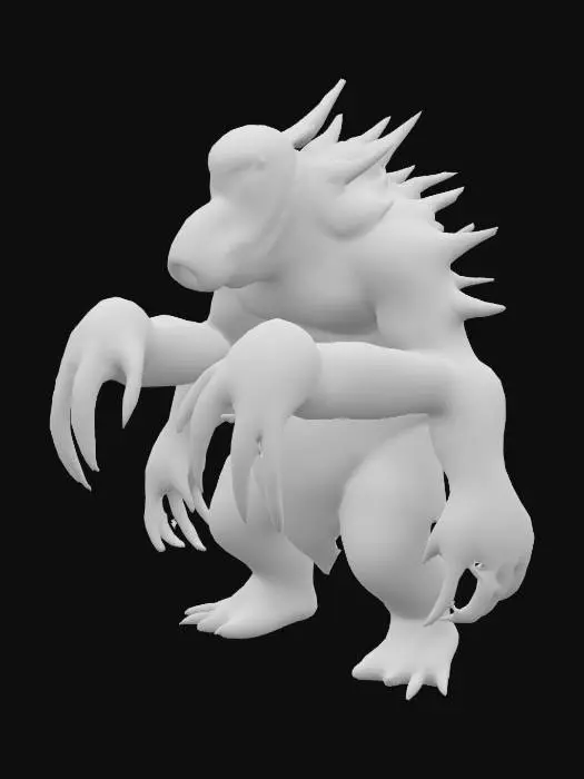 3D model for Big boss monster, no eyes, 4 fingers with long nails, 3 pointy tips coming out of head, just from the waist to the top, wizzardy, long arms, big hands, small and circular head, big mouth and eyes on both hands