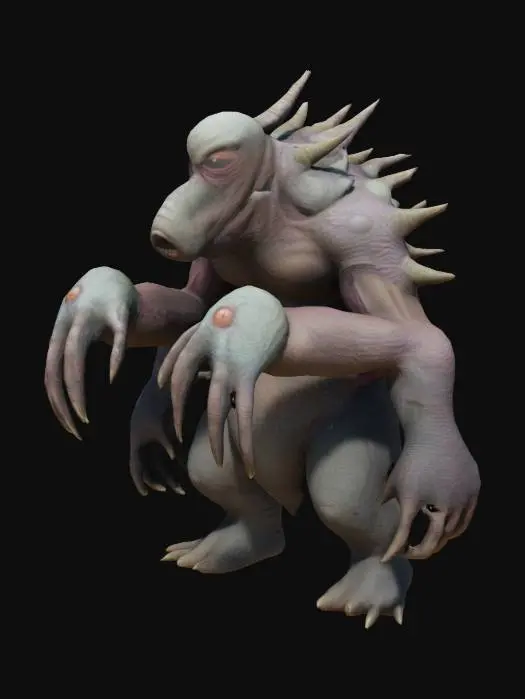 3D model for Big boss monster, no eyes, 4 fingers with long nails, 3 pointy tips coming out of head, just from the waist to the top, wizzardy, long arms, big hands, small and circular head, big mouth and eyes on both hands