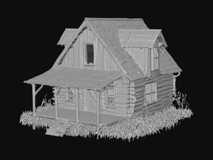 3D model for A derelict wood cottage, half burnt, from pine wood. Something to find in the middle of the woods, empty, abandoned. Probably burnt down by passing army of knights. Used to be a huntsmans cabin.