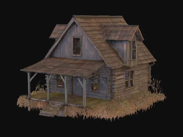 3D model for A derelict wood cottage, half burnt, from pine wood. Something to find in the middle of the woods, empty, abandoned. Probably burnt down by passing army of knights. Used to be a huntsmans cabin.