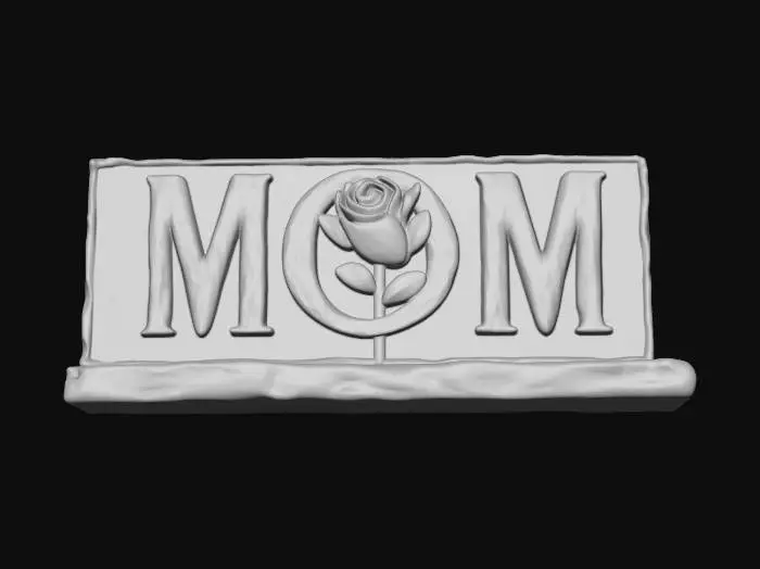 3D model for "A solid rectangular desk plaque featuring the word 'MOM' in bold, 3D block lettering. A detailed rose is 'subtracted' from the center of the letters using negative space boolean operations, creating a hollowed-out floral silhouette through the text. The geometry is solid, manifold, and designed to be printed upright without internal supports. Sharp edges, clean Bauhaus aesthetic, flat bottom for PEI plate adhesion. Optimized for high-resolution 0.1mm layer heights."