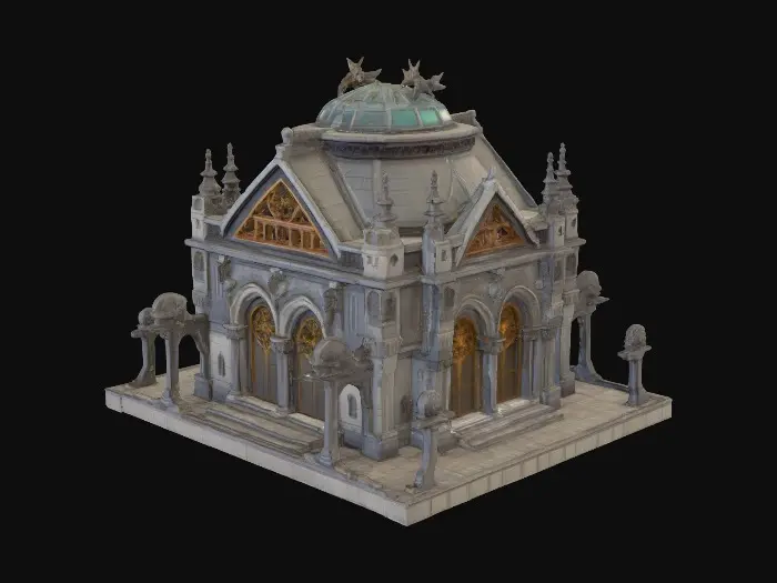 3D model for isometric mausoleum building , mobile game, game art, gothic architecture, 2x2 tile, #PBR#