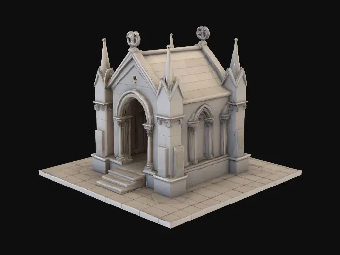 3D model for isometric mausoleum building , mobile game, game art, gothic architecture, 2x2 tile, #PBR#